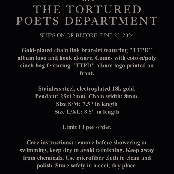 NWT Taylor Swift Official The Tortured Poets Department Bracelet S/M - Picture 2 of 9